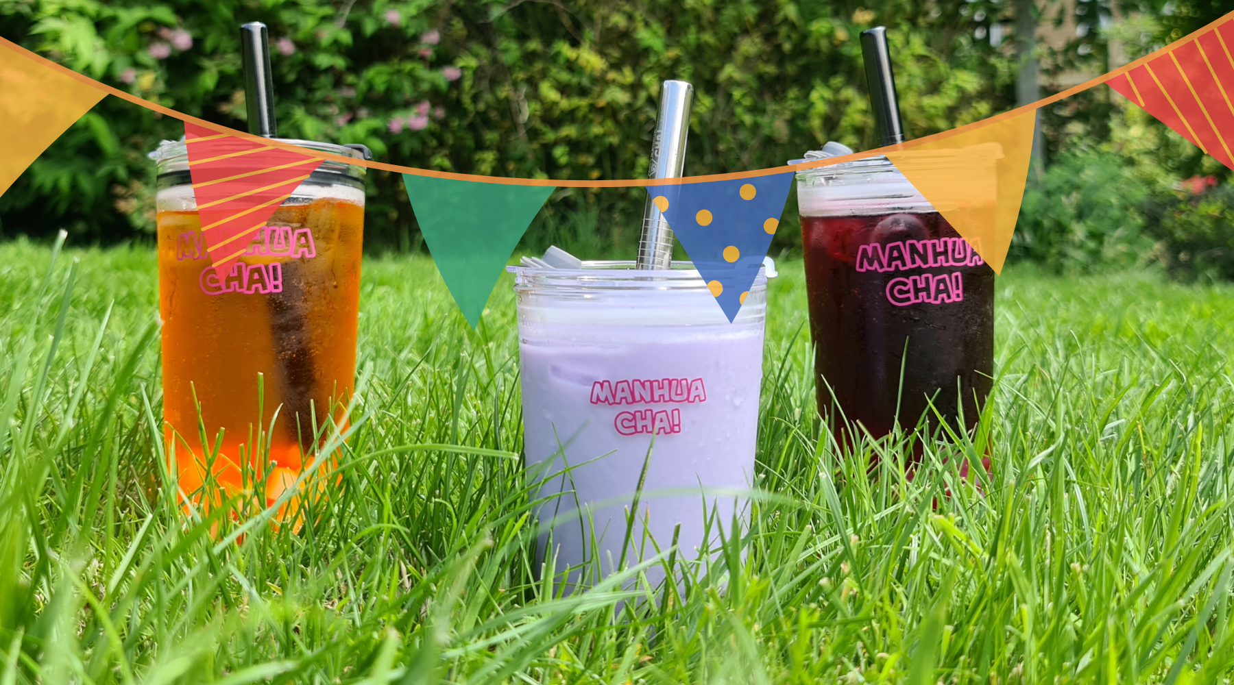 3 bubble tea drinks placed in the grass, from left to right, mango fruit tea with jelly, taro milk tea with tapioca and vimto fruit tea with popping juice balls. Hanging above drinks is a party bunting.